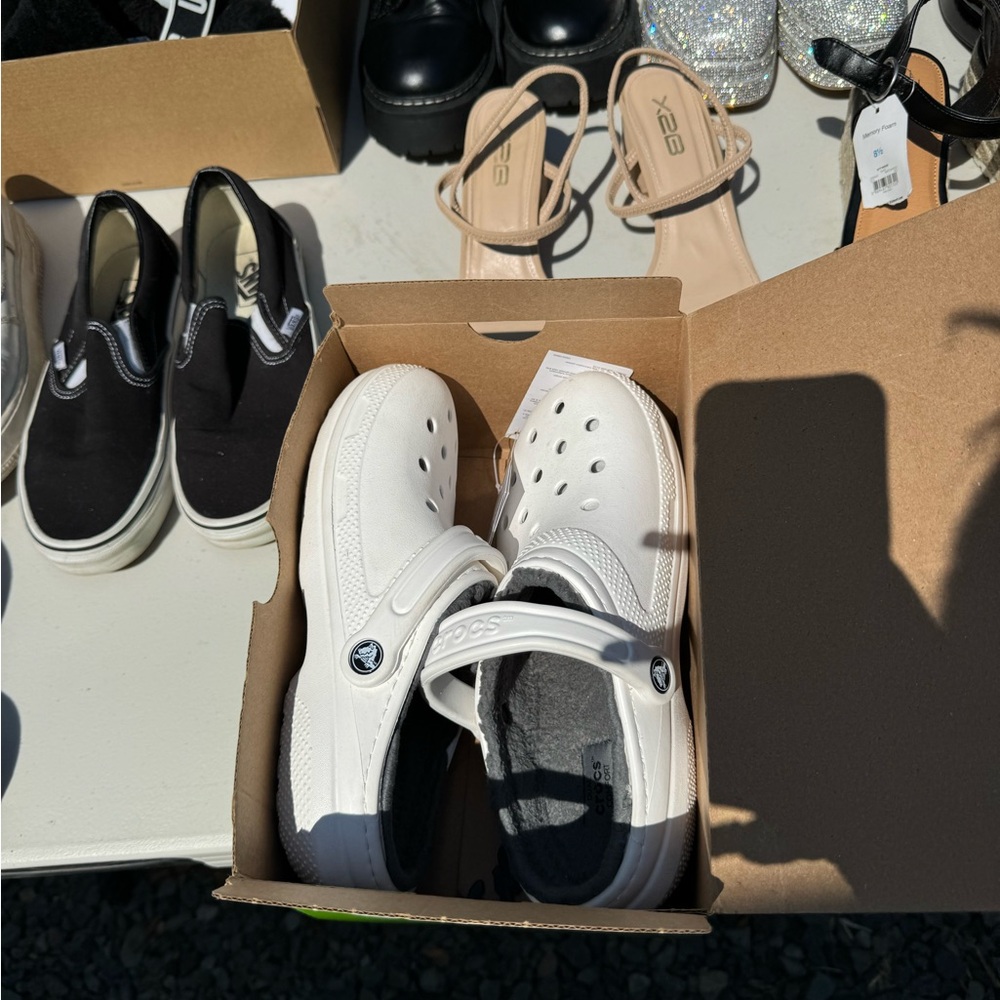 Fuzzy white crocs